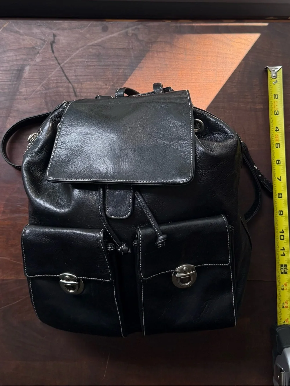 Vintage Perlina New York Black Leather Backpack Purse Drawstring 90s Y2K